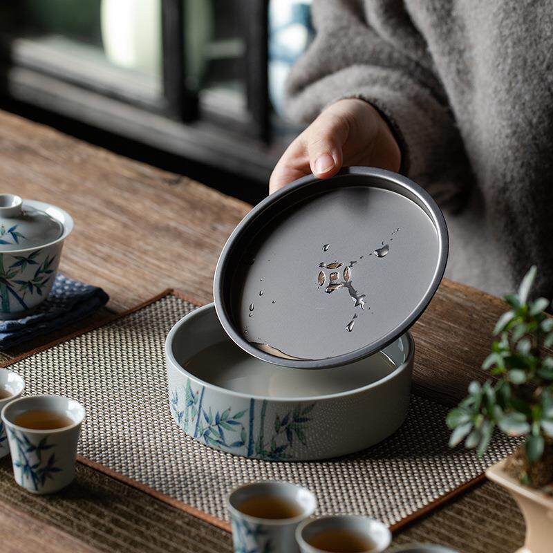 手绘文竹陶瓷壶承干泡台双层储水底座家用茶承养壶紫砂壶茶杯托盘