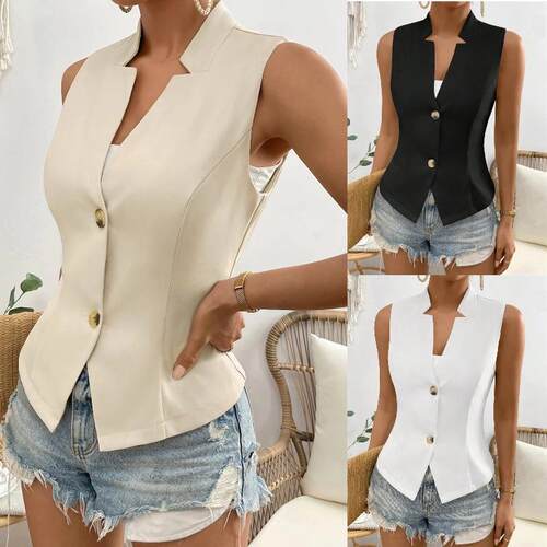 Women's Solid Button Front Sleeveless Suit Vest, Elegant