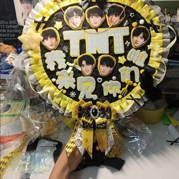 应援扇diy材料大扇子黄黑色套餐时代少年蕾丝花边蝴蝶结猫耳爱团