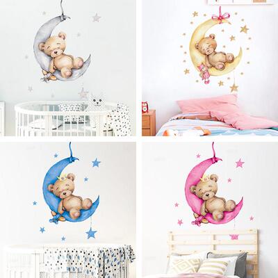 Cartoon Teddy Bear Sleeping on the Moon and Stars Wall Stick