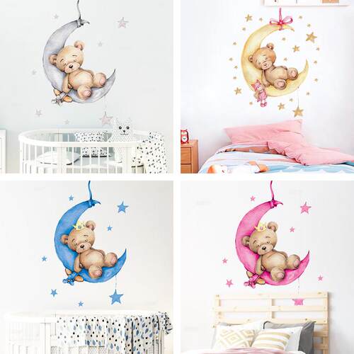 Cartoon Teddy Bear Sleeping on the Moon and Stars Wall Stick