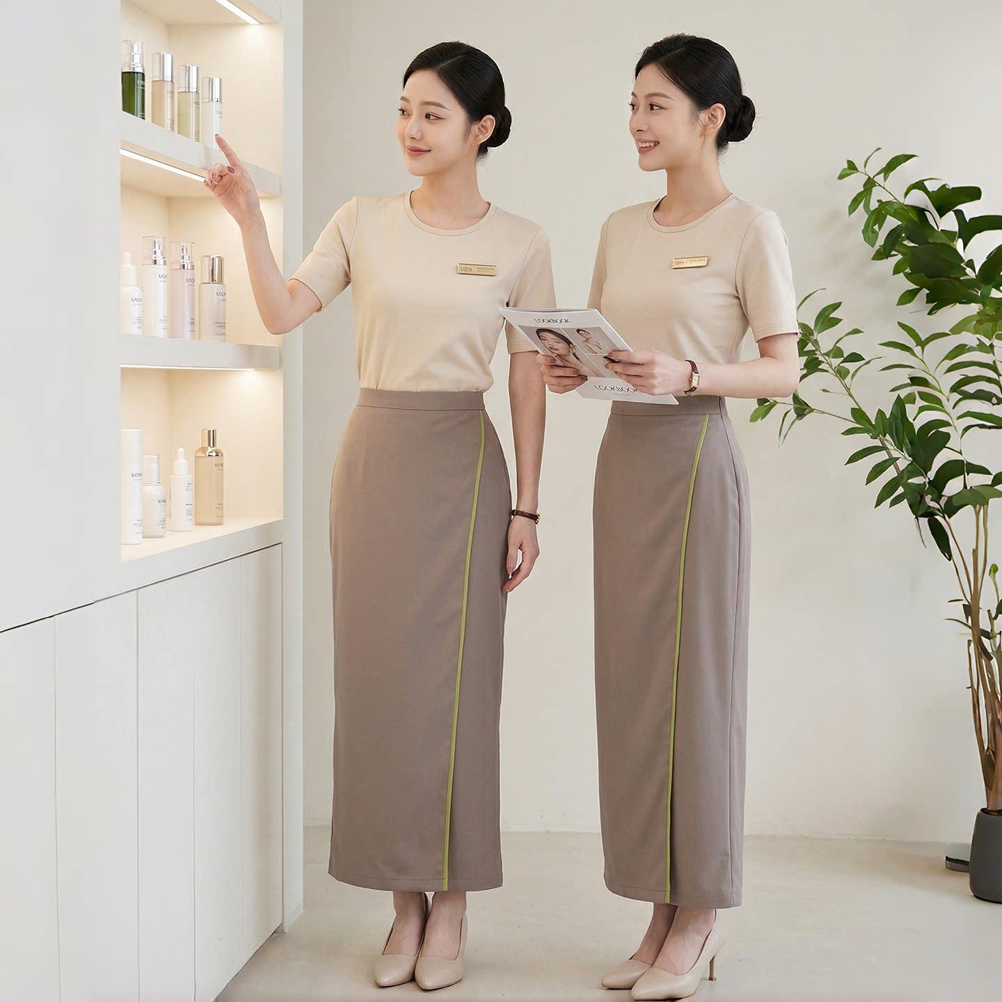 2026新款品牌美容师工作服女气质显瘦杏色美容院技师服优雅套装夏图片