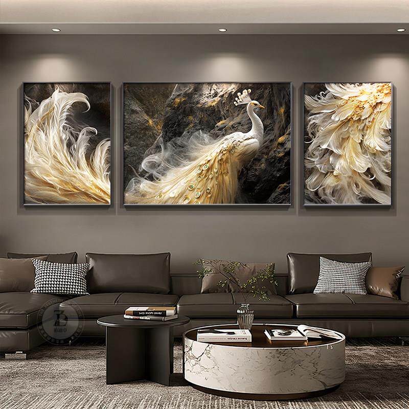 轻奢高级感客厅装饰画浮雕立体肌理感沙发背景墙挂画孔雀三联壁画