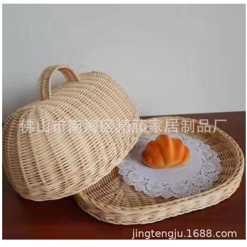 藤编送餐盘无漆食物藤编篮带盖子西餐厅牛排传菜盘椭圆藤编托盘