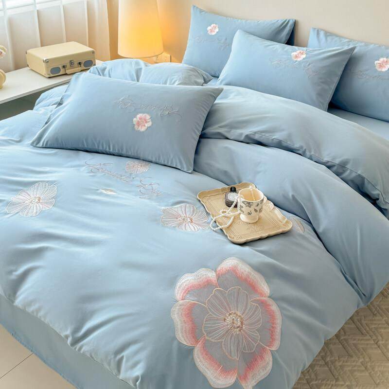 A类高精密全棉磨毛绣花四件套纯棉学生宿舍被套床单三件套床笠款4