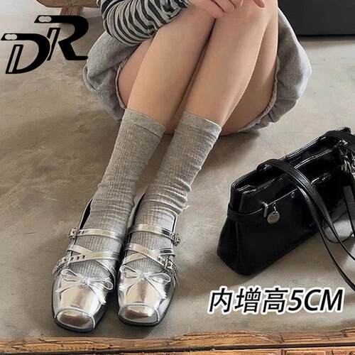 DR内增高浅口单鞋女2026新款蝴蝶结芭蕾鞋软底银色小个子玛丽珍鞋