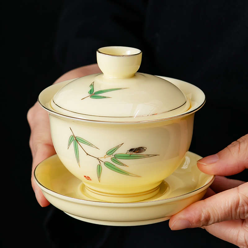 羊脂玉瓷盖碗宝石黄翠竹三才碗陶瓷敬茶杯仿手绘泡茶碗中式小清新