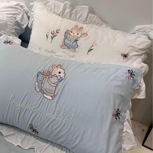 可爱兔兔法式 小清新纯棉水洗棉被套幼儿园套件绣花枕套亲子四件套