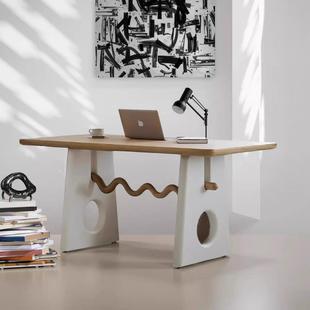 法蜡式 奶油风实古木餐桌家用客厅341中原木长条桌白木设创计师意