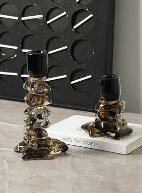 现代轻奢抽象艺术叠块烛台玻璃摆件别墅酒店装饰柜高级感软装饰品