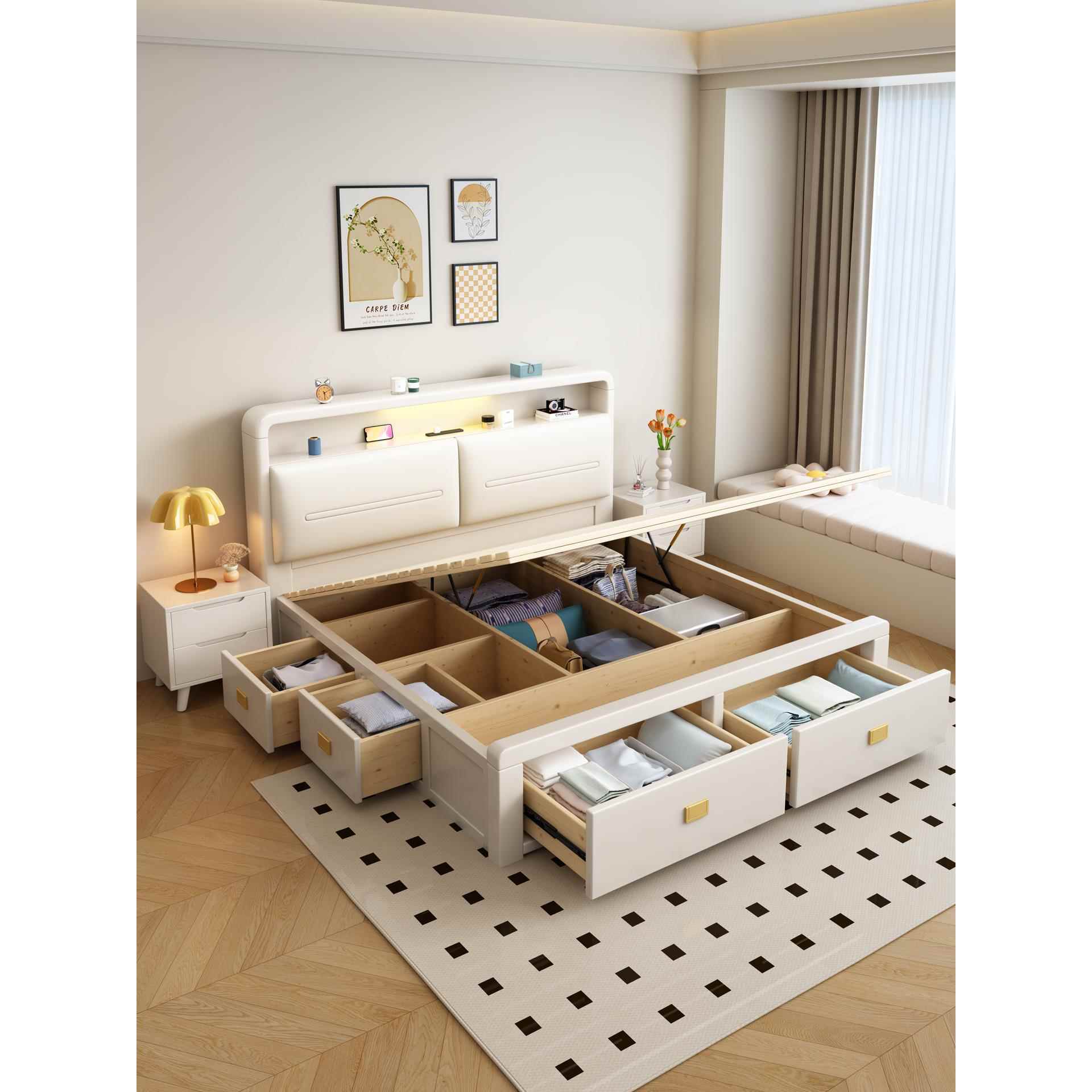 北欧实木床1米5抽屉储物2025新款简约白色1米8双人床带夜灯插座
