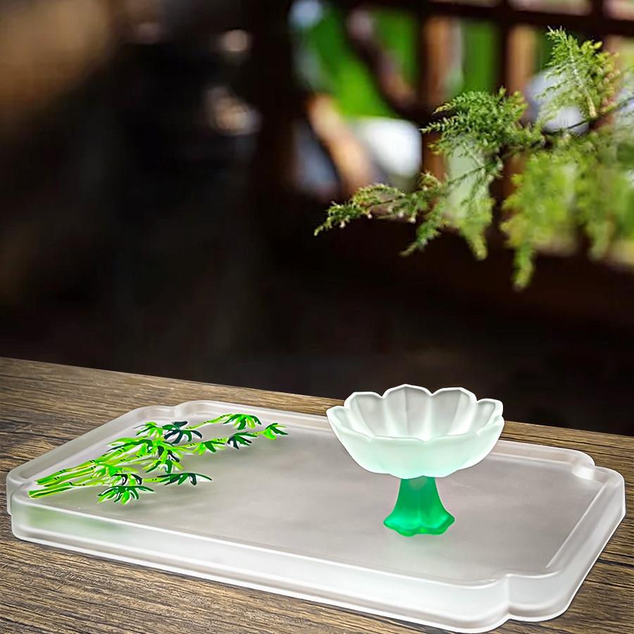 喜事连连四方干泡盘家用茶盘小型中式茶台水晶玻璃托盘手绘茶盘子