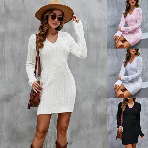 Women's one-piece dress V-neck Fried Dough Twists waist