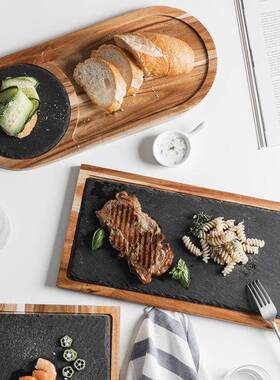 Modern black slate with wooden tray Western tableware