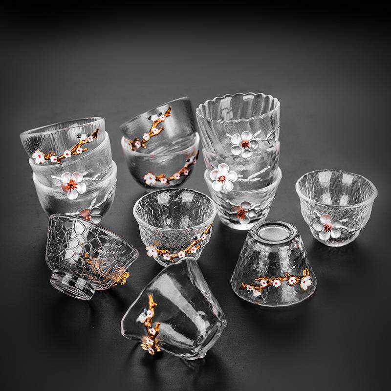 日式锤纹玻璃小茶杯品茗杯锡制耐高温玻璃单杯主个人杯子功夫茶具