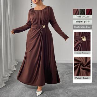 圆领长袖 女装 收腰设计褶皱长裙 咖色连衣裙欧美大码 速卖通秋冬新款