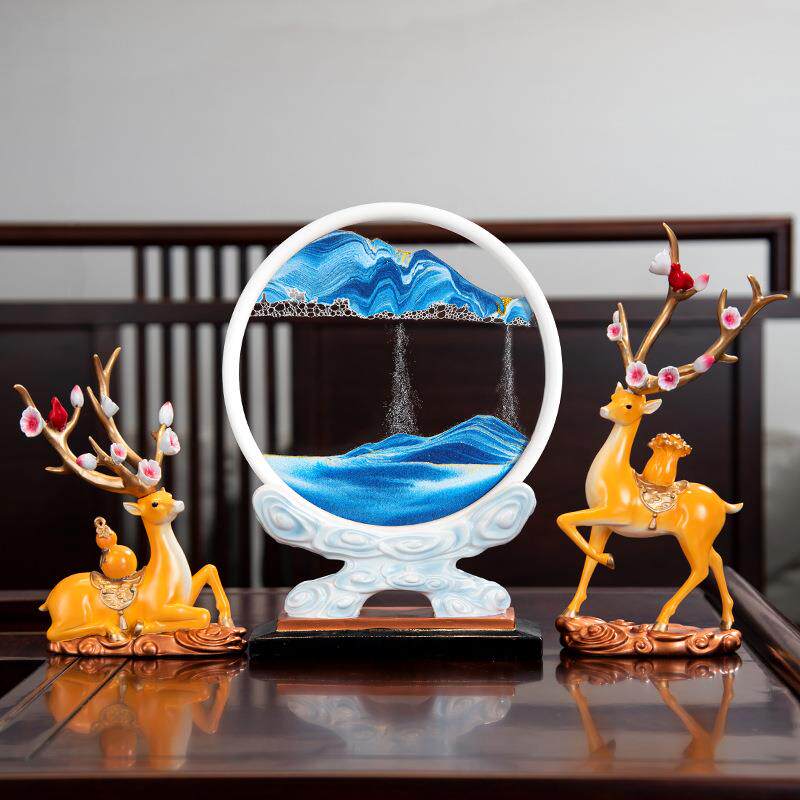 招财鹿流沙画沙漏摆件轻奢高档家居客厅酒柜电视柜办公室桌装饰品
