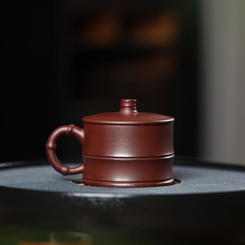 宜兴紫砂带盖茶杯紫泥青段泥竹节杯单人专用主人泡茶杯紫砂茶杯