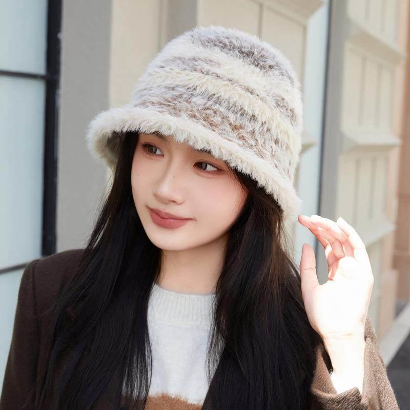 毛绒冬帽渔夫帽毛绒渔夫帽女秋冬新款针织渐变拼色水桶帽时尚护耳