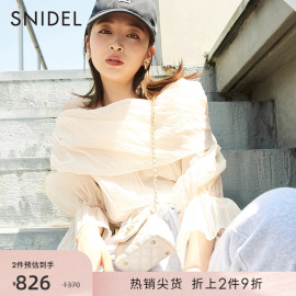 SNIDEL秋冬印花褶皱一字肩喇叭袖雪纺衬衫上衣SWFB234154