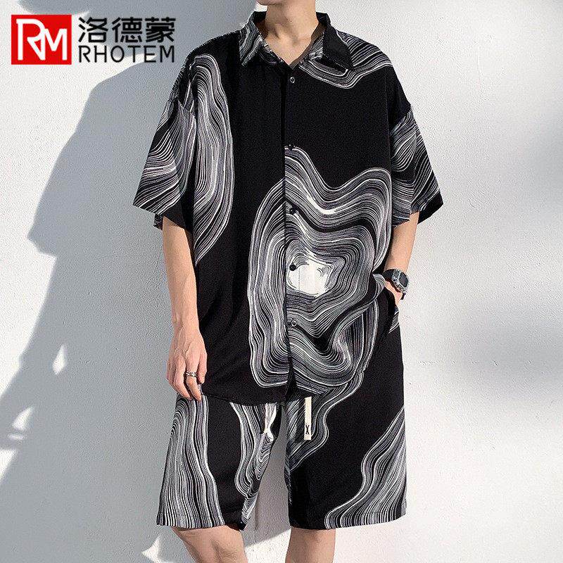 夏季新款冰丝短袖衬衫休闲运动套装男薄款高级感痞帅百搭潮两件套