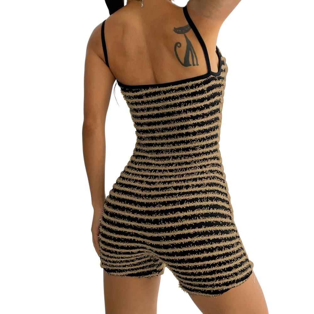 and sexy girl chest-revealing black shorts jumpsuit stripes