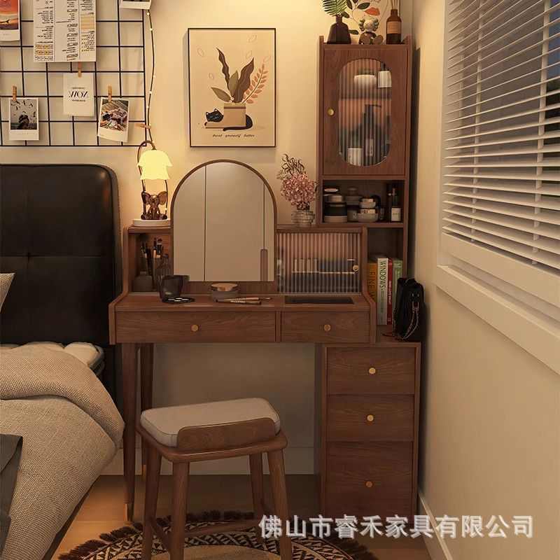 中古风全实木梳妆台收纳柜一体组合化妆桌小户型窄小户型省空间