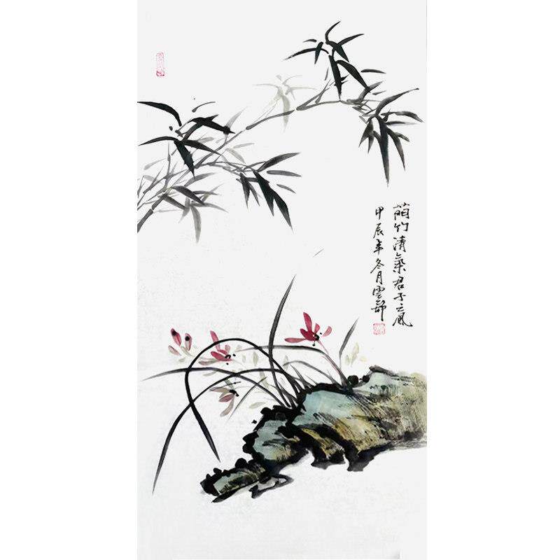 手绘国画竹子牡丹梅花紫藤柿子新中式客厅装饰画水墨禅意茶室挂画