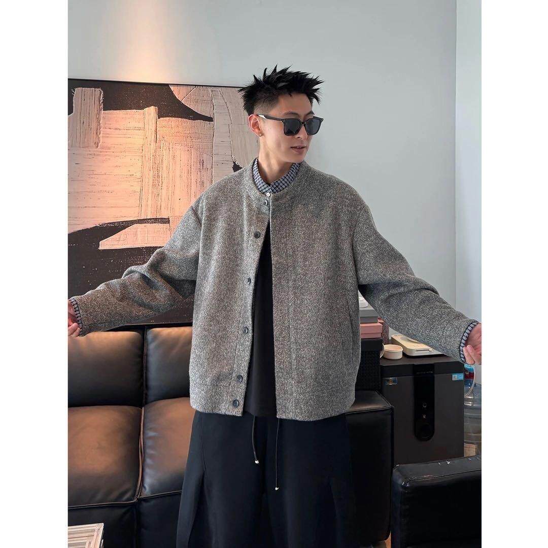 秋冬休闲百搭复古重磅老钱圆领假两件设计拼接针织毛线开衫外套男