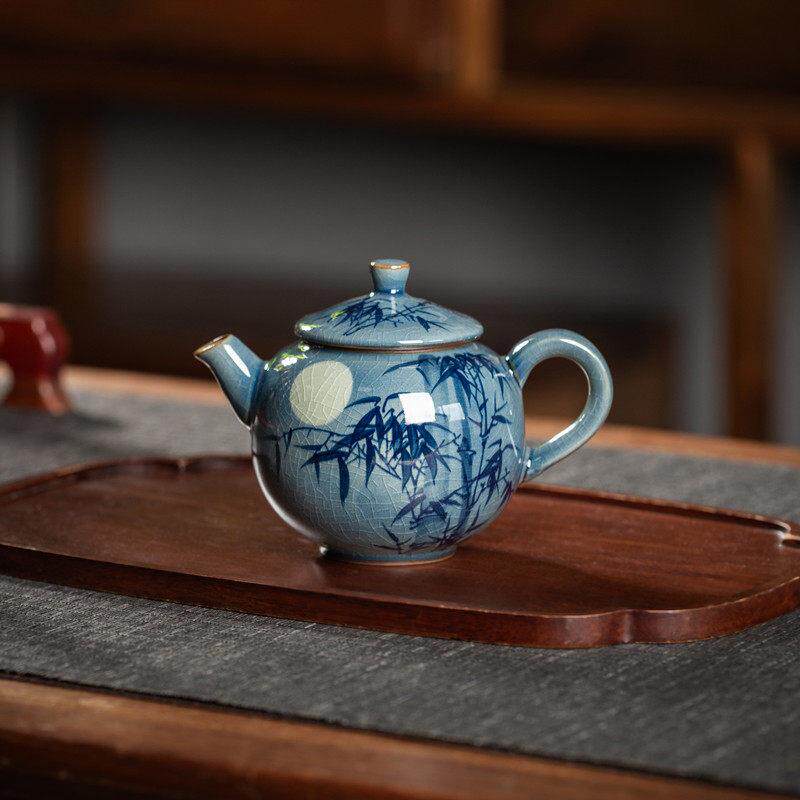 青花釉下彩手绘竹子茶壶 全手工柴窑陶瓷泡茶壶 景德镇老陶泥单壶