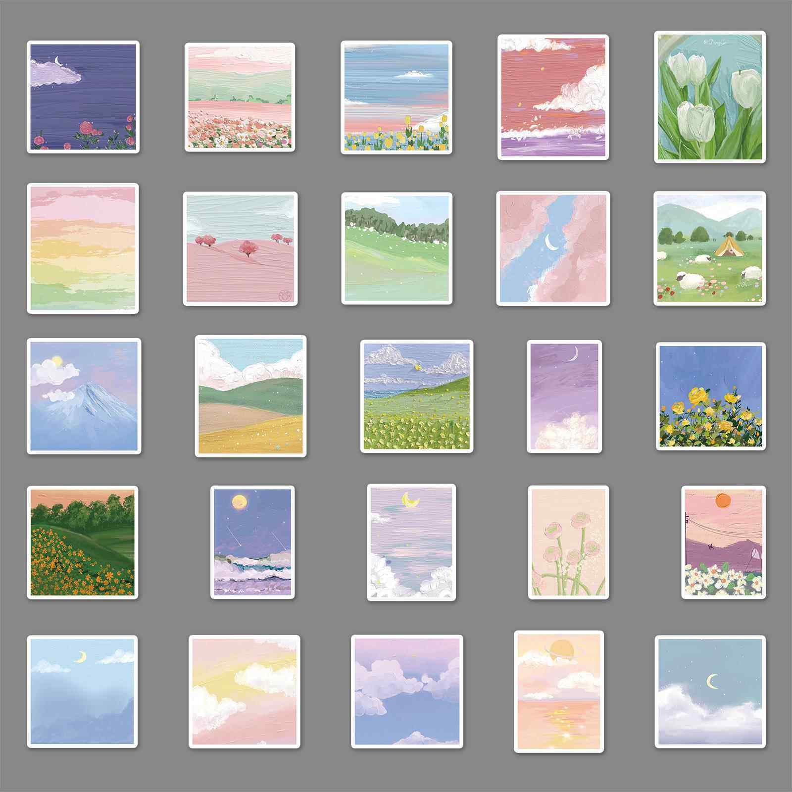 直销新款100张风景油画卡通创意贴纸滑板车行李箱贴纸笔记本电脑