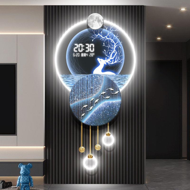 九鱼图客厅万年历格栅装饰挂件麋鹿玄关2025新款电子时钟带灯壁画