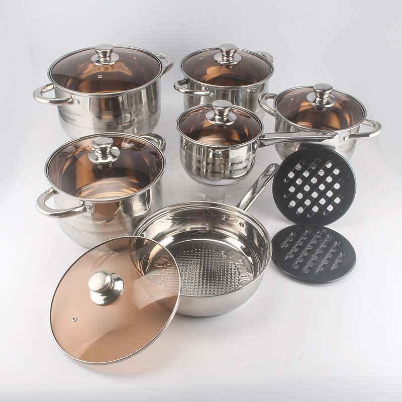 出口不锈钢十二件套锅具管耳复底汤锅12pcs cookware set pot