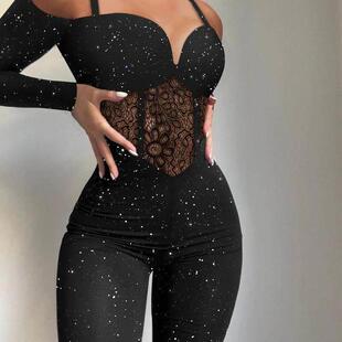 Glitter Cold Shoulder Contrast Lace Corset Jumpsuit连衣裤女