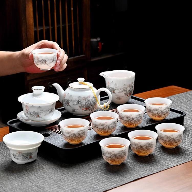 冰种羊脂玉茶具套组家用轻奢高档白瓷功夫茶杯泡茶壶盖碗茶盘整套