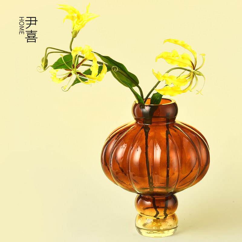 中古复古新中式灯笼形玻璃花瓶小口径花器客厅餐桌仿真花装饰摆件