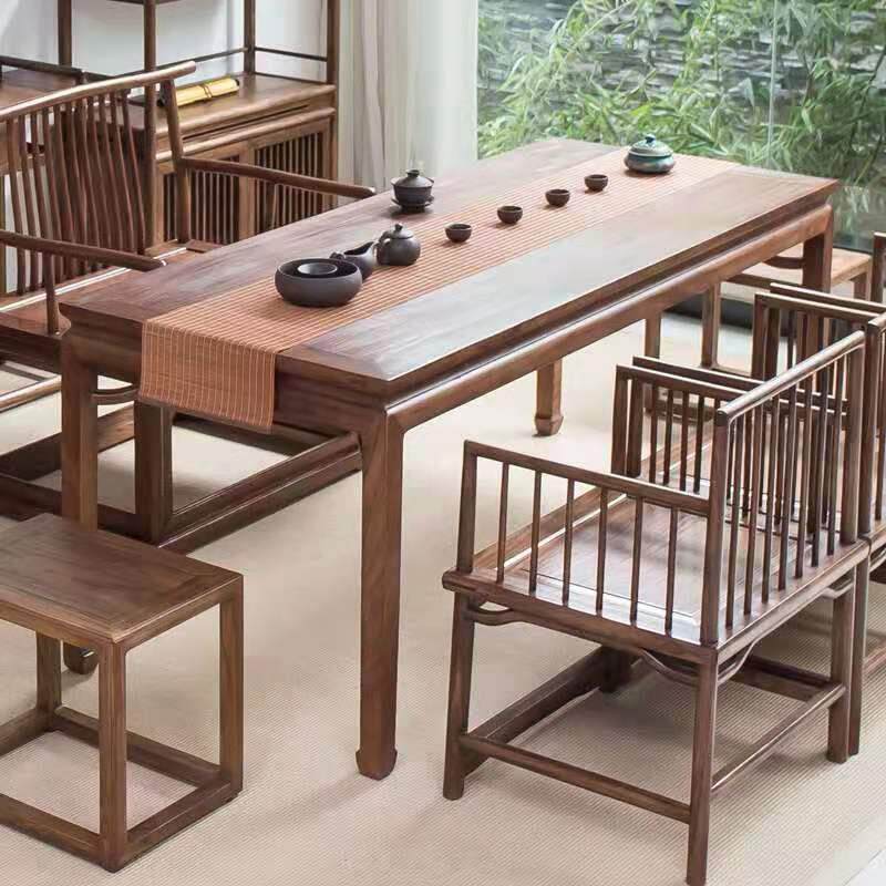 新中式茶桌椅组合 黑胡桃实木茶台功夫茶桌老榆木禅意会客办公桌