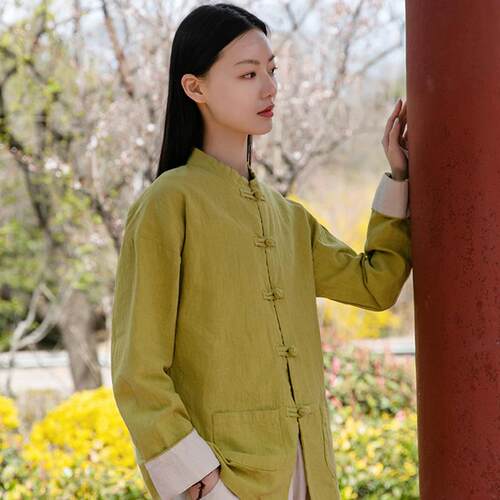 高档棉麻中国风外女秋款禅意茶服复盘古扣民族风衣苎套麻立领太极