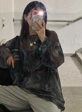 夏季大码胖妹妹网纱防晒长袖打底衫上衣女夏装薄款宽松中长0412d