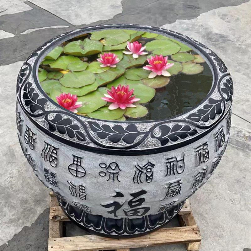 庭院石头鱼缸天然青石水缸花盆石雕百福大缸彷古做旧圆缸养鱼石盆