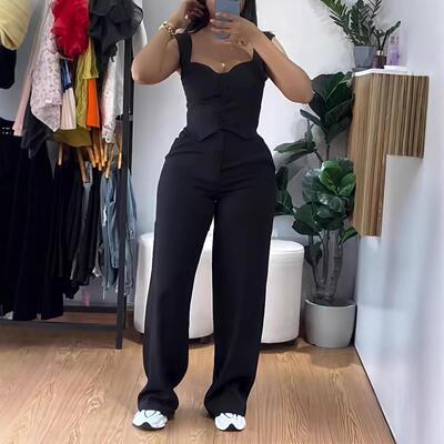 Women's suspender tight suit, high waist wide leg long