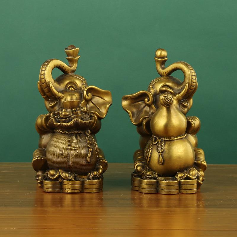 铜大象一对财富大象坐地葫芦象钱袋聚宝盆象铜器工艺品