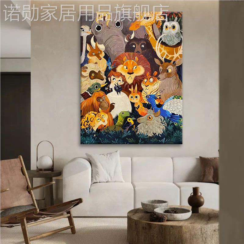 新款儿童房卡通动物挂画纯手绘玄关竖版装饰画客厅治愈系壁画丙烯图片