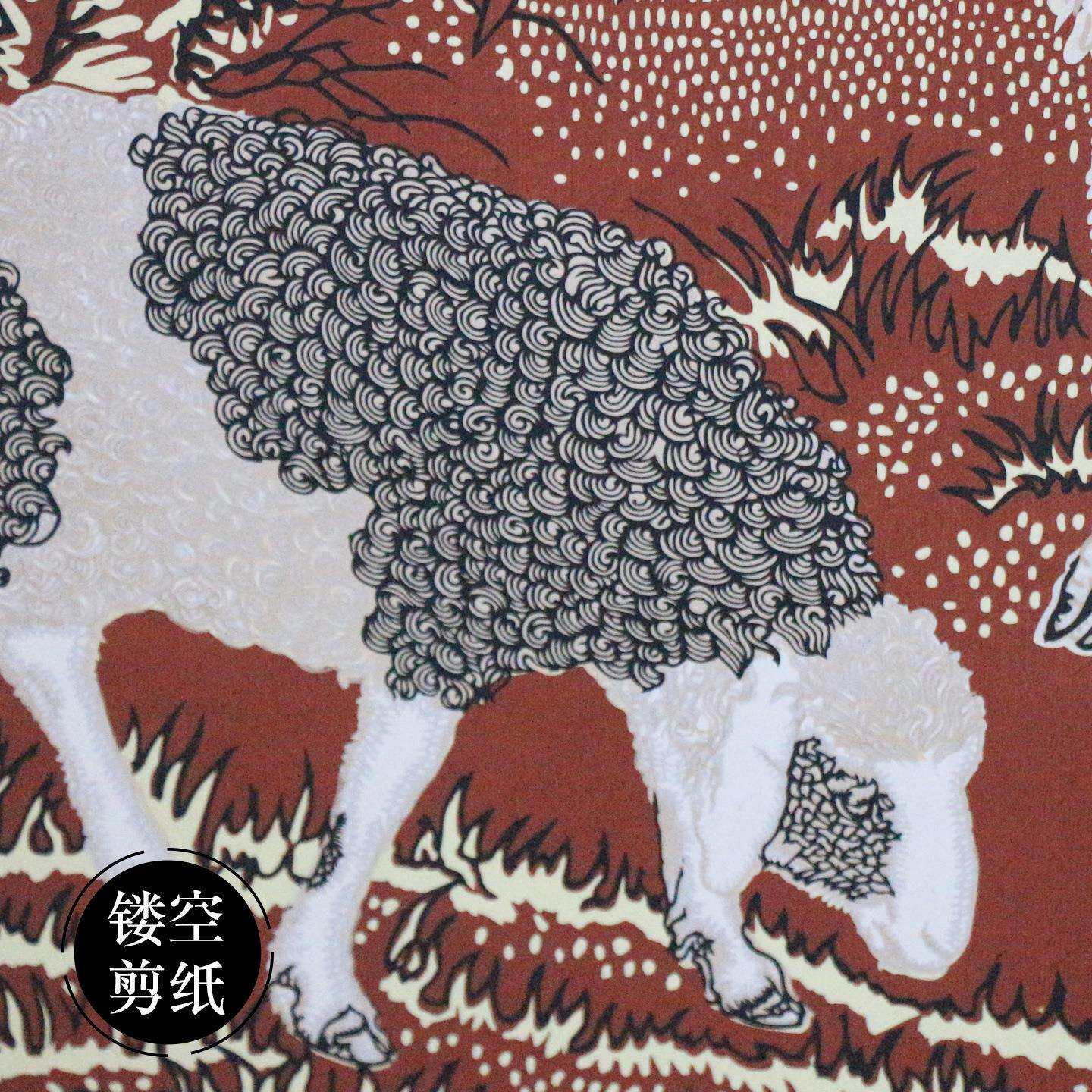厂家供应蔚县剪纸画轴多层套色郎世宁三羊开泰八骏图大幅画轴