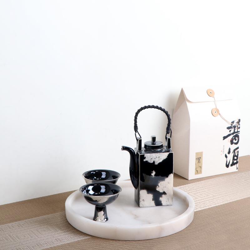 中古新中式大理石水果盘摆件茶具茶盘组合装饰样板间书房托盘套装