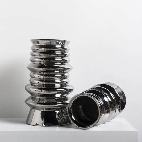 简约现代花瓶银色圈纹陶瓷花器摆件客厅餐桌茶几样板房软装饰品