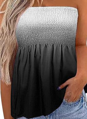 【 Plus Size 】 Solid Shirred Tube Top  Casual Strapless Top