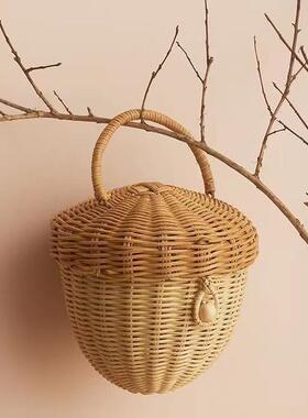 INS风藤编橡果手拎包蘑菇翻盖童装摄影道具包儿童森系装饰手提包