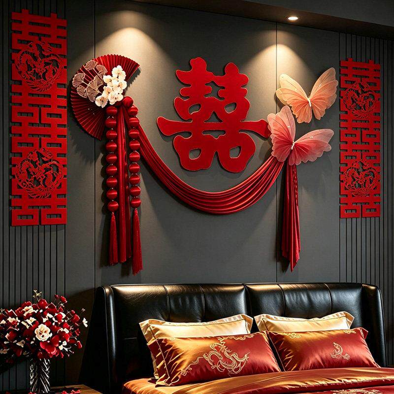 结婚床头装饰男女方卧室婚房布置套装简单大气婚礼全套喜字背景墙