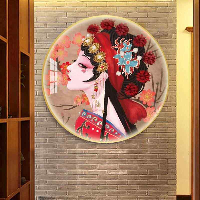 国潮人物挂画中国风餐厅墙画京剧花旦玄关壁画圆形LED灯光装饰画